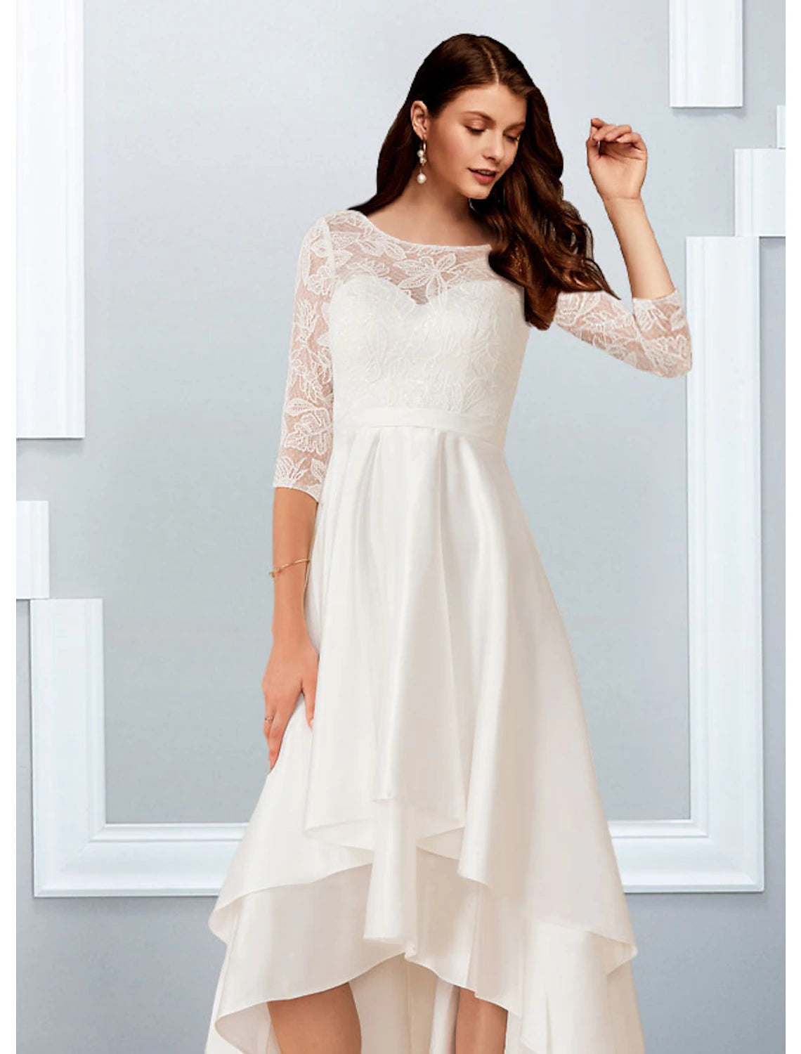 Reception Little White Dresses Wedding Dresses A-Line Illusion Neck Half Sleeve Asymmetrical Chiffon Bridal Gowns With Cascading Ruffles