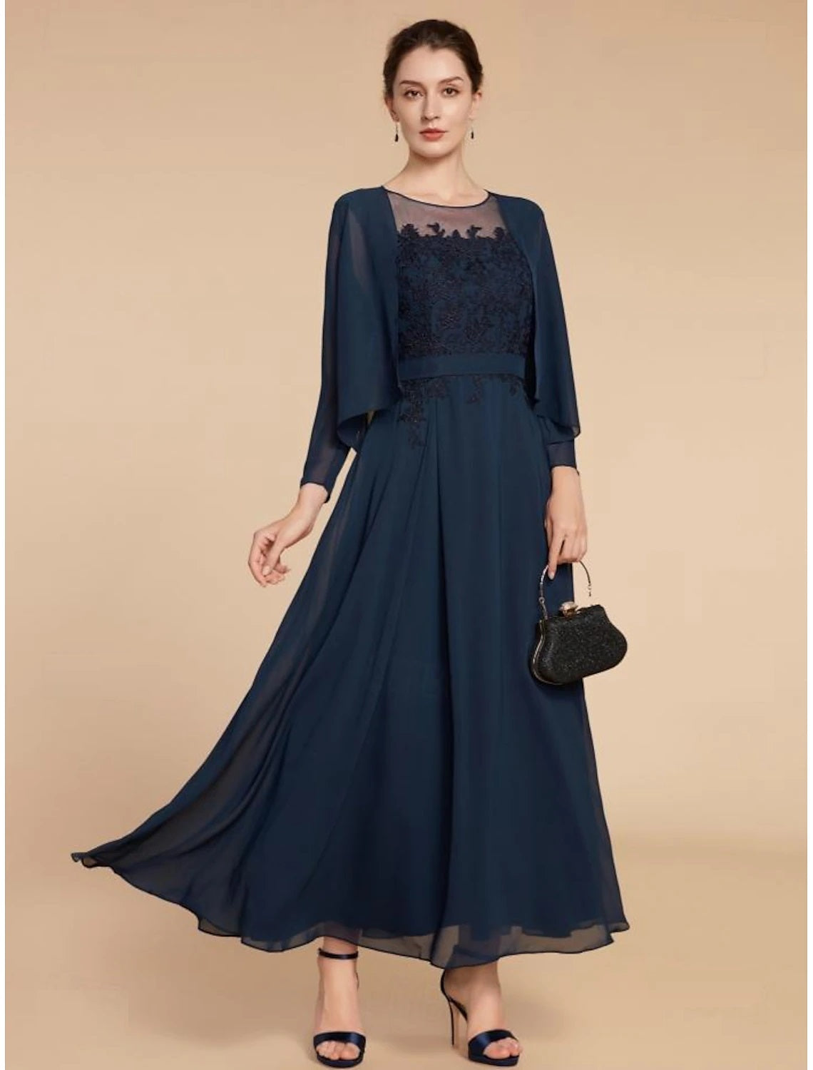 A-Line  Jewel Neck Ankle Length Wedding Guest Chiffon Lace Long Sleeve Mother of the Bride Dress with Ruching