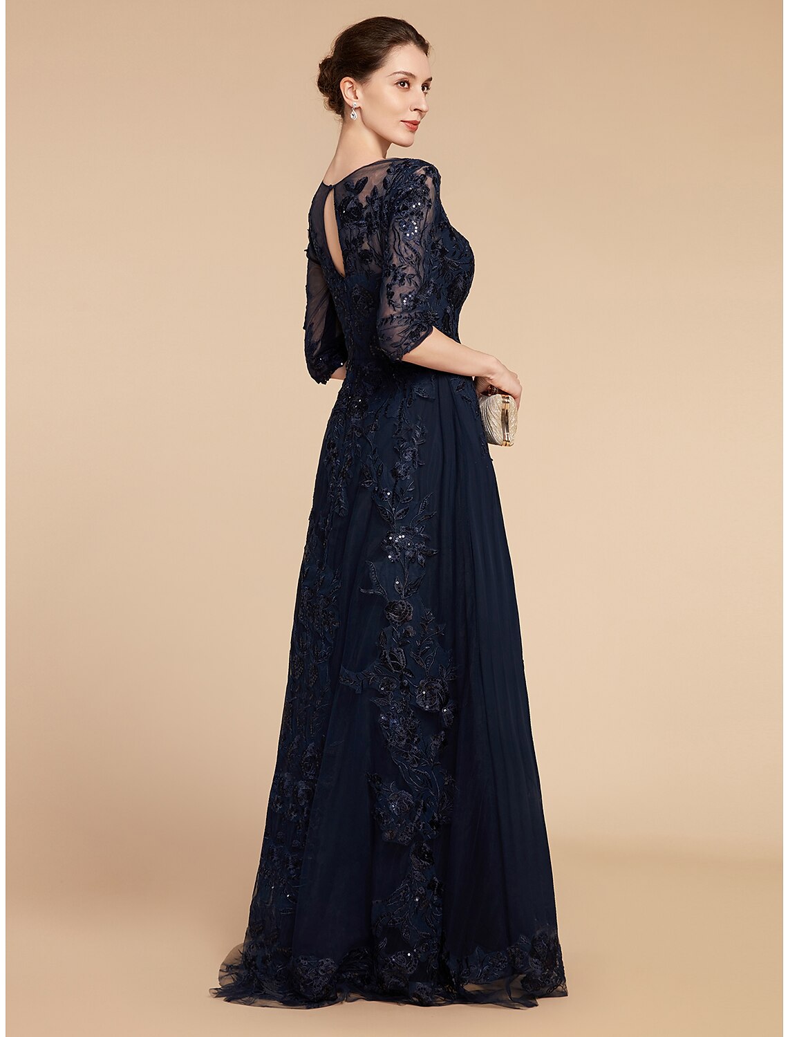 A-Line Mother of the Bride Dress Formal Wedding Guest Elegant Party Scoop Neck Floor Length Chiffon Lace 3/4 Length Sleeve with Sequin Appliques