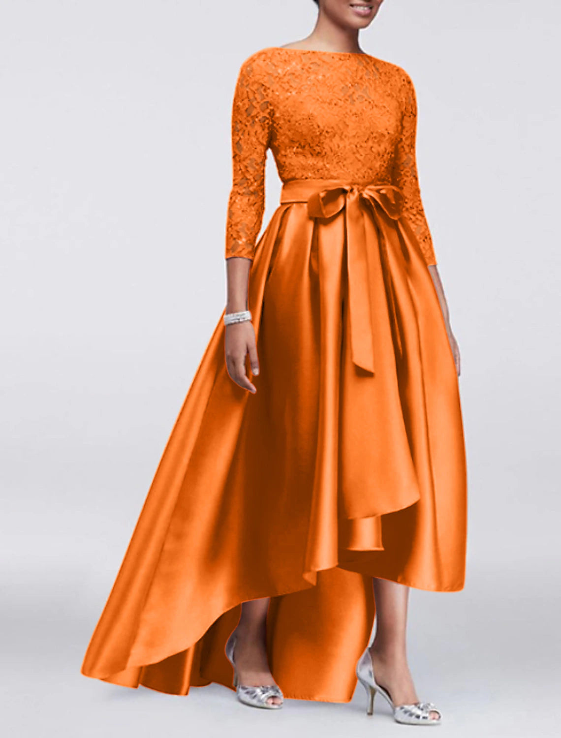 A-Line Wedding Guest Dress Plus Size Satin Lace 3/4 Length Sleeve Mother of the Bride Dress High Low Jewel Neck Asymmetrical Dress  with Sash / Ribbon Appliques