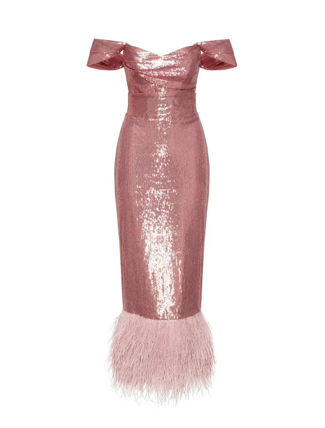 Sheath / Column Homecoming Dresses Sparkle & Shine Dress Party Wear Tea Length Sleeveless Off Shoulder Sequined with Feather Sequin Slit