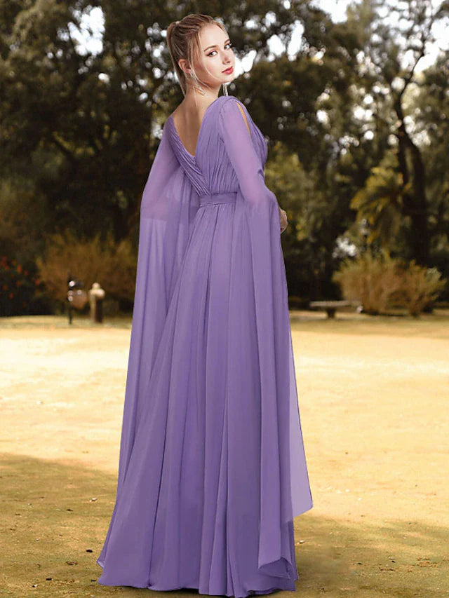 A-Line Evening Gown Empire Dress Wedding Guest Floor Length Long Sleeve V Neck Chiffon with Pleats Pure Color