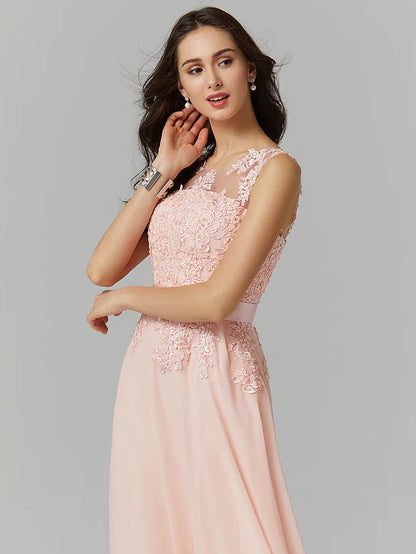 A-Line Bridesmaid Dress Jewel Neck Sleeveless Elegant Floor Length Chiffon / Lace with Appliques