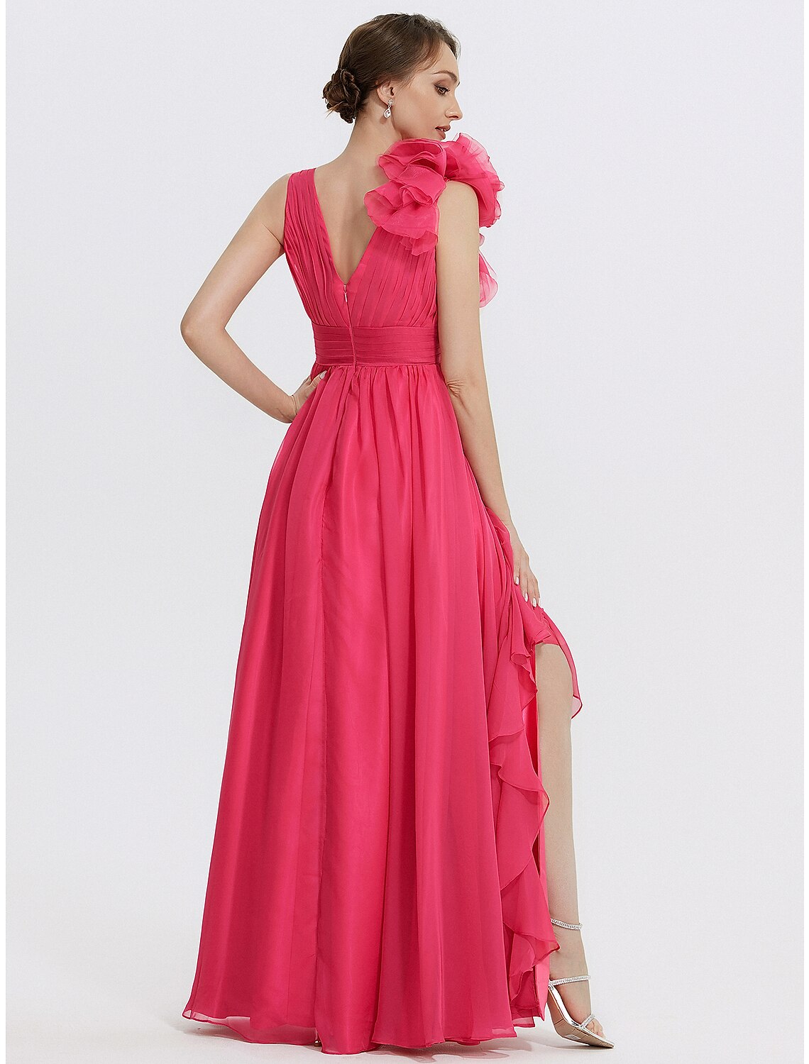 A-Line Evening Gown Floral Dress Formal Wedding Guest Floor Length Sleeveless V Neck Chiffon with Ruched Appliques