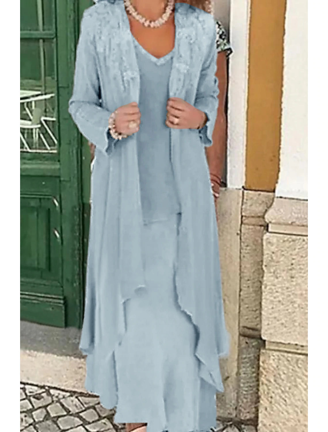 A-Line Mother of the Bride Dress Plus Size Casual V Neck Wedding Guest Dress Floor Length Lace Linen Cotton Blend Sleeveless Jacket Dresses with Appliques