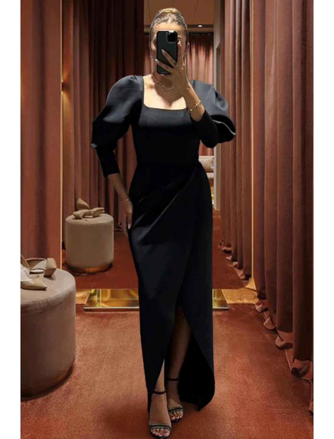 Black Dress Sheath / Column Evening Gown Elegant Dress Formal Fall Asymmetrical 3/4 Length Sleeve Square Neck Stretch Fabric with Ruched Slit