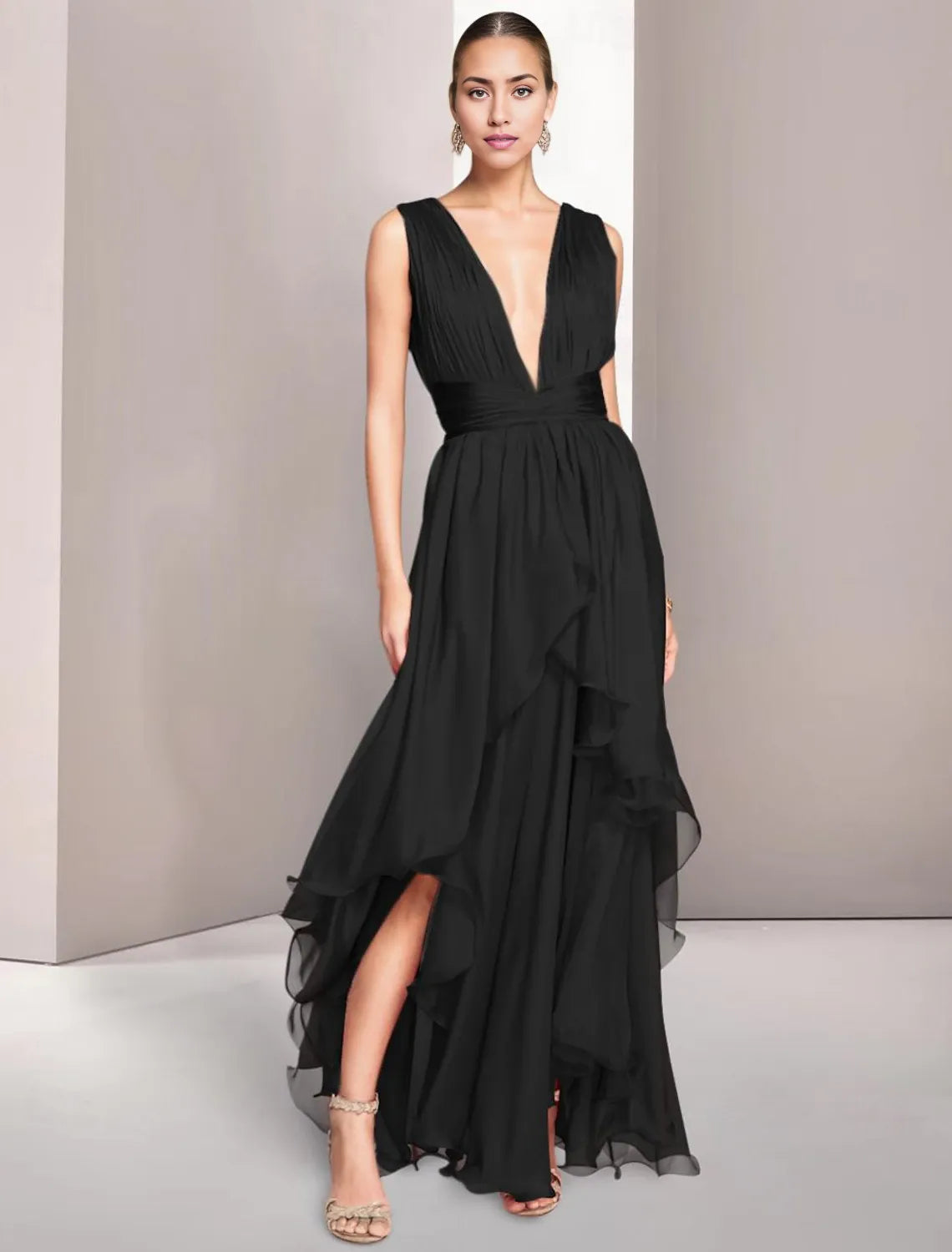 A-Line Chiffon Elegant Wedding Guest Dress Ruched Prom Dresses Asymmetrical Sleeveless V Neck