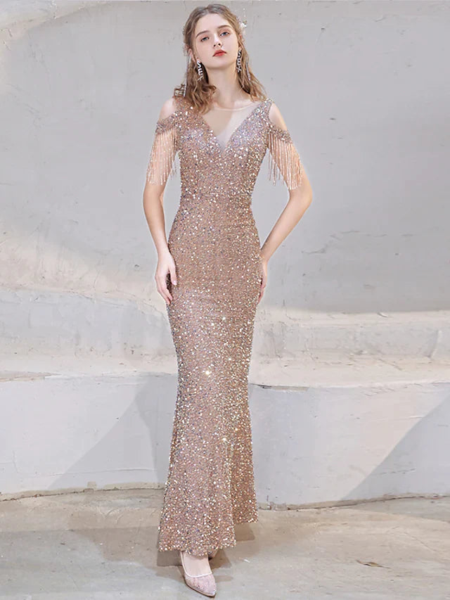 Mermaid / Trumpet Prom Dresses Sparkle Dress Wedding Guest Floor Length Short Sleeve V Neck Sequined with Beading Sequin