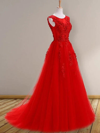 A-Line Prom Dresses Elegant Dress Wedding Guest Sweep / Brush Train Sleeveless Jewel Neck Tulle with Appliques