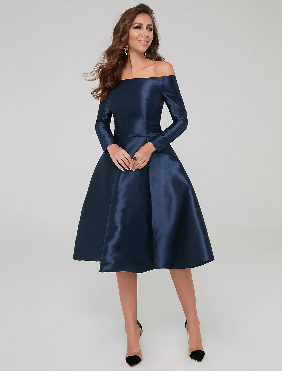 A-Line Special Occasion Dresses Elegant Dress Wedding Guest Cocktail Party Knee Length Long Sleeve Off Shoulder Satin with Pleats