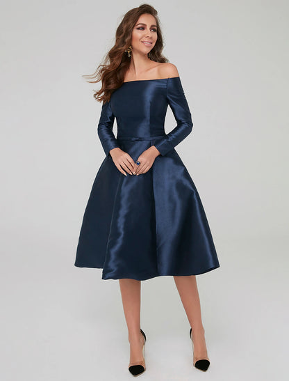 A-Line Special Occasion Dresses Elegant Dress Wedding Guest Cocktail Party Knee Length Long Sleeve Off Shoulder Satin with Pleats