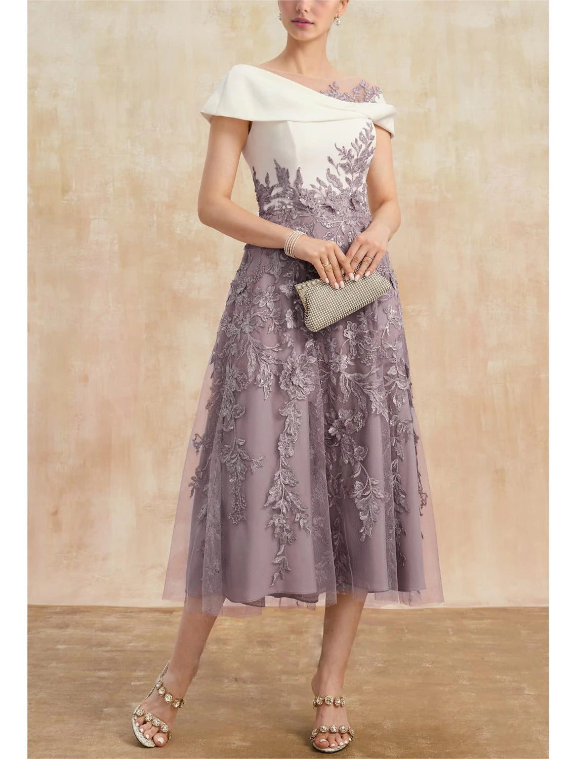 A-Line Mother of the Bride Dress Wedding Guest Cowl Neck Tea Length Lace Stretch Fabric Short Sleeve Cap Sleeve with Bow(s) Ruched Appliques