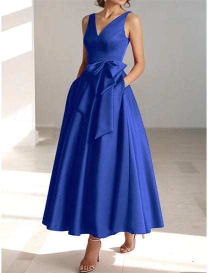 A-Line Cocktail Dresses Elegant Dress Wedding Guest Tea Length Sleeveless V Neck Pocket Satin with Bow(s)