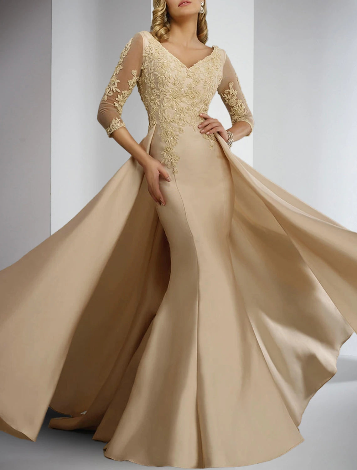 Wedding Guest V Neck Floor Length Sheath Satin Lace 3/4 Length Sleeve Mother of the Bride Dress with Appliques