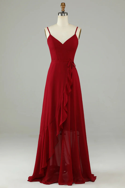 V Neck Chiffon Burgundy Spaghetti Straps Long Bridesmaid Dress with Ruffles