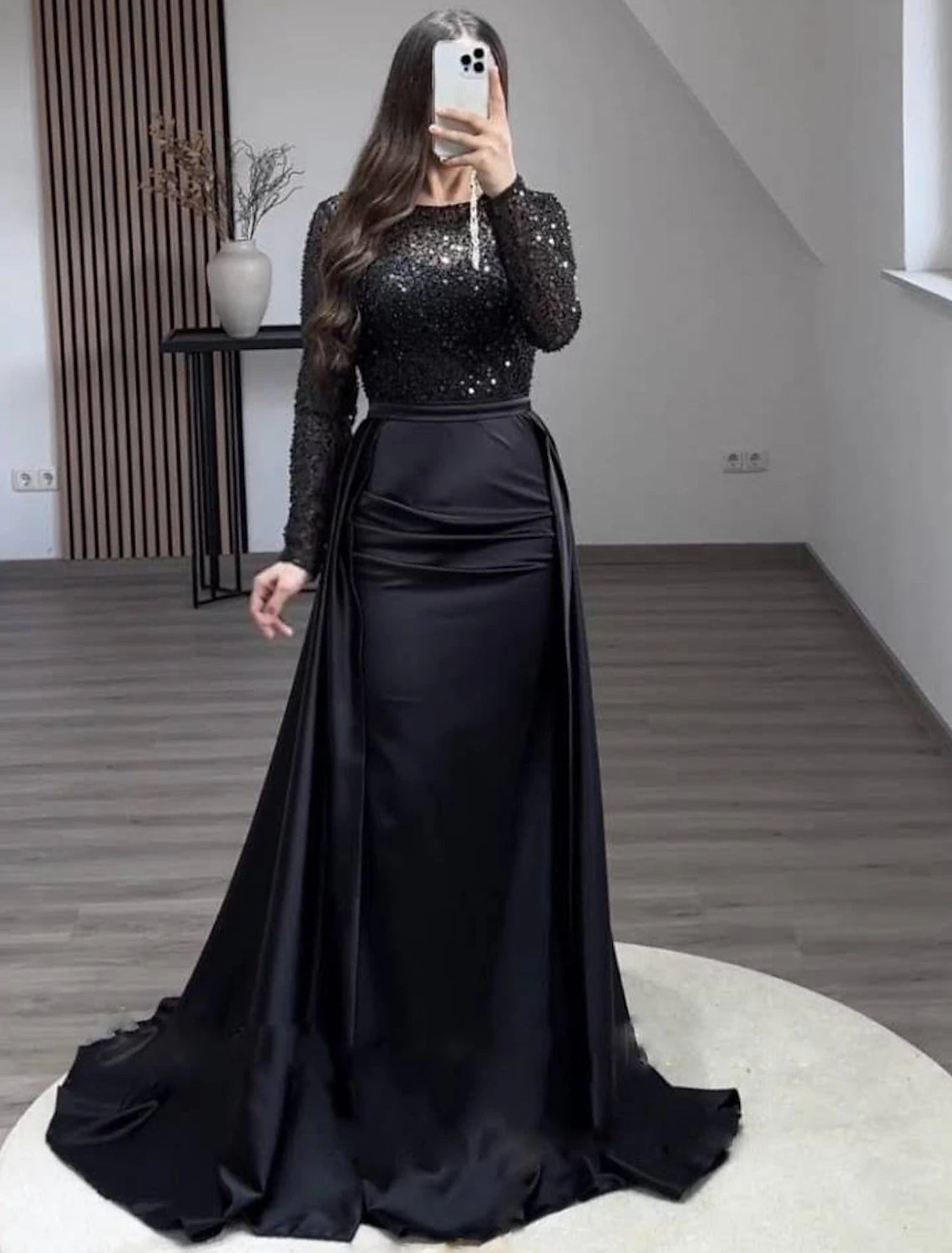 Mermaid Sequin Evening Gown Ruched Satin Dress Long Sleeves Floor Length Sparkle Illusion Neck Prom Wedding Guest Dress with Overskirt