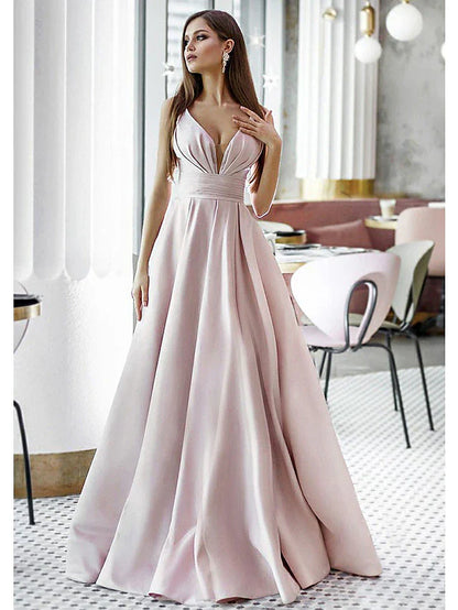 A-Line Elegant Engagement Formal Evening Dress V Neck Sleeveless Sweep / Brush Train Satin with Pleats