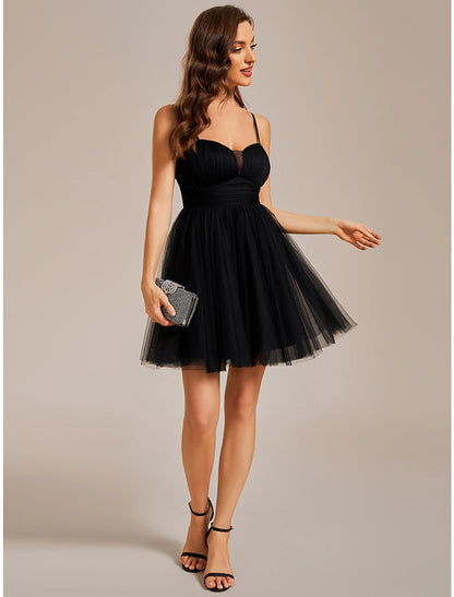 A-Line Homecoming Dresses Princess Dress Cocktail Party Birthday Short / Mini Sleeveless Spaghetti Strap Tulle with Ruched