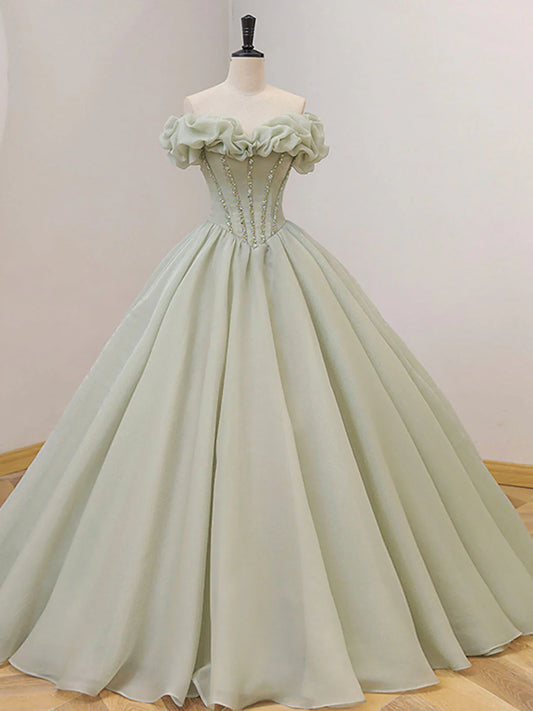 A-Line Ball Gown Quinceanera Dresses Princess Dress Long Prom Dress, Green Tulle Sweet 16 Dress with Beading Sequin