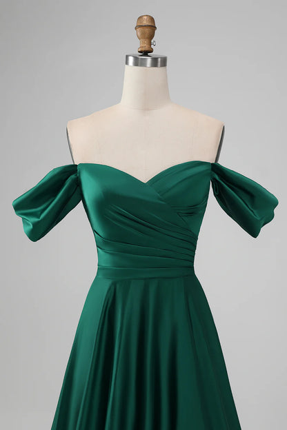 A Line Off the Shoulder Satin Long Bridesmaid Dress