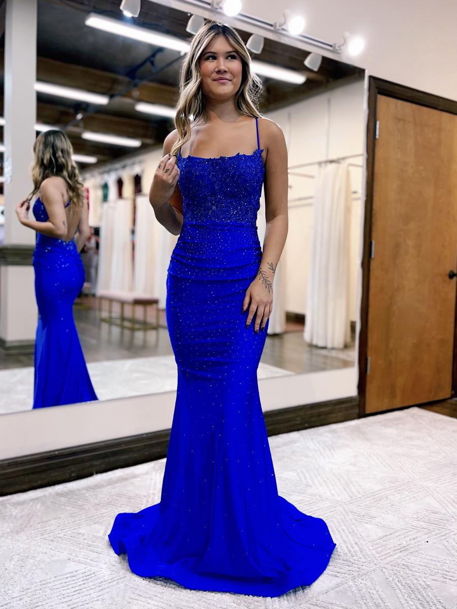 Prom dress beautifully fitted gown features iridescent crystals on a stretchy jersey with a beautiful sheen