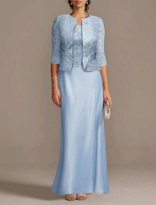 Sheath / Column Mother of the Bride Dress Wedding Guest Scoop Neck Floor Length Polyester 3/4 Length Sleeve Short Jacket Dresses with Lace