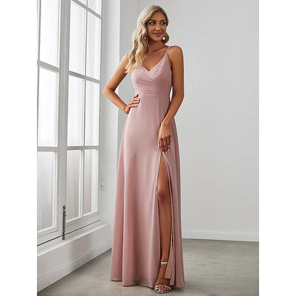 A-Line Bridesmaid Dress V Neck Sleeveless Elegant Floor Length Chiffon with Draping / Solid Color