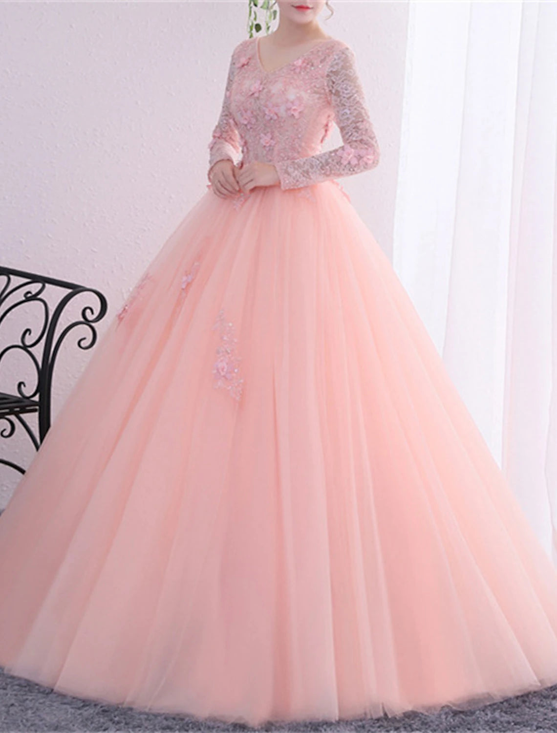 Ball Gown Princess Dress Performance Quinceanera Floor Length Long Sleeve V Neck Polyester with Crystals Appliques