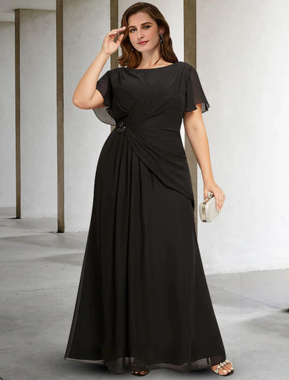 A-Line Mother of the Bride Dresses Plus Size Hide Belly Curve Elegant Dress Formal Floor Length Sleeveless Jewel Neck Chiffon with Ruched Crystals Fall