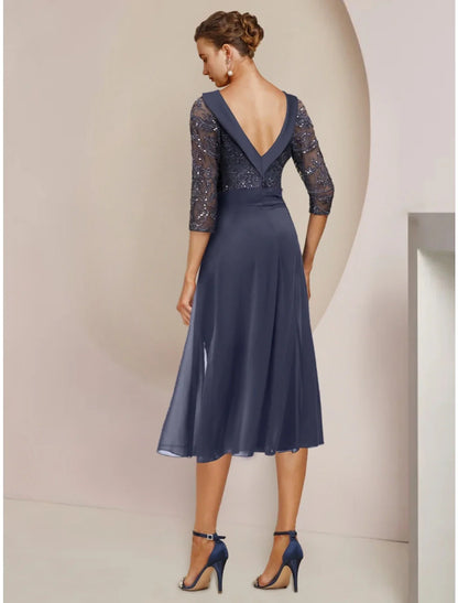 A-Line Mother of the Bride Dress Wedding Guest Elegant Petite Scoop Neck Knee Length Chiffon 3/4 Length Sleeve with Bow(s) Sequin