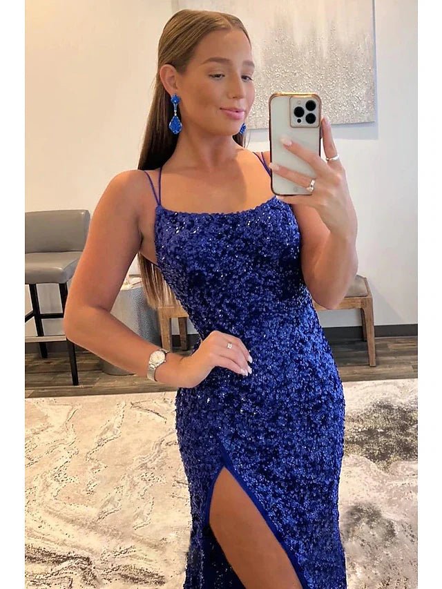 Mermaid / Trumpet Prom Dresses Hot Dress Formal Sweep / Brush Train Sleeveless Spaghetti Strap Sequined Backless with Sequin Slit