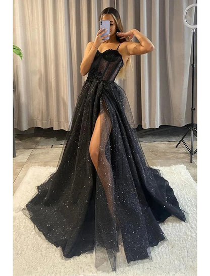 A-Line Prom Dresses Glitter Black Dress Plus Size Wedding Dresses Formal Gothic Dress Floor Length Sleeveless Sweetheart Spaghetti Tulle with Slit