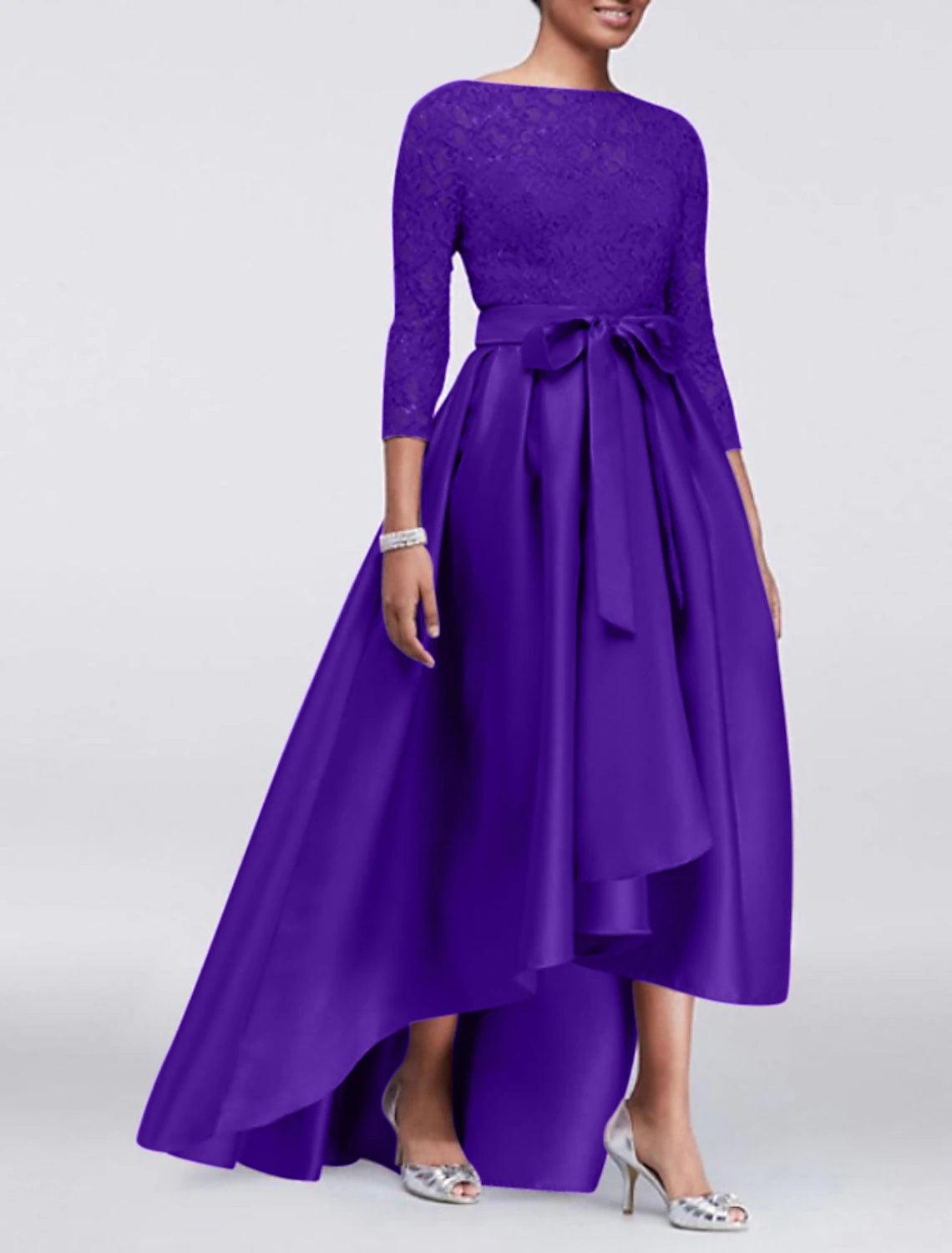 A-Line Wedding Guest Dress Plus Size Satin Lace 3/4 Length Sleeve Mother of the Bride Dress High Low Jewel Neck Asymmetrical Dress  with Sash / Ribbon Appliques
