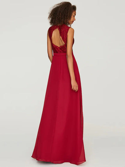 A-Line Bridesmaid Dress Jewel Neck Sleeveless Floor Length Chiffon Lace with Sash Ribbon Bow(s)