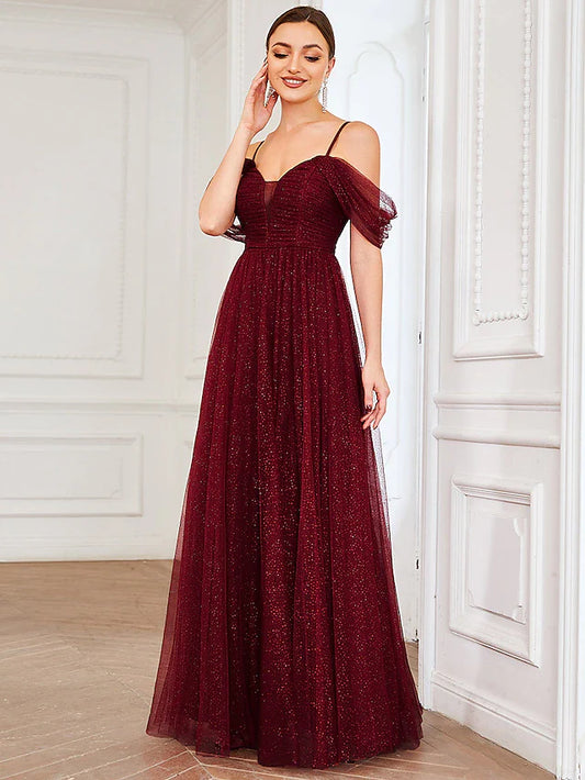 A-Line Bridesmaid Dress Spaghetti Strap / Off Shoulder  Elegant Floor Length Tulle with Draping / Ruching / Solid Color