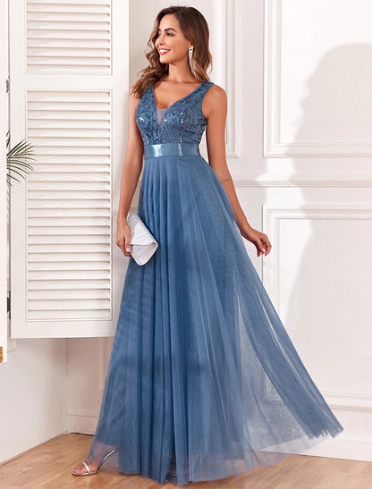 A-Line Evening Gown Elegant Dress Evening Party Prom Floor Length Sleeveless V Neck Belt / Sash Tulle V Back with Glitter Embroidery