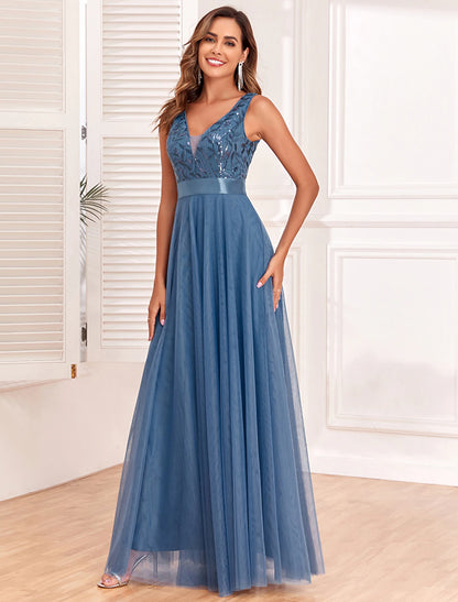 A-Line Evening Gown Elegant Dress Evening Party Prom Floor Length Sleeveless V Neck Belt / Sash Tulle V Back with Glitter Embroidery