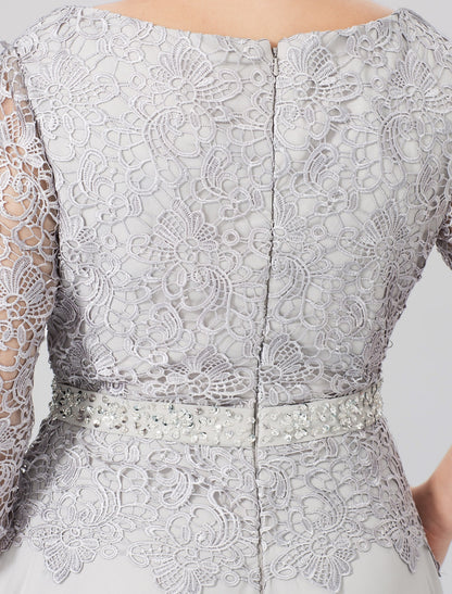Sheath / Column Mother of the Bride Dress Formal Elegant Plus Size Jewel Neck Floor Length Chiffon Corded Lace 3/4 Length Sleeve No with Lace