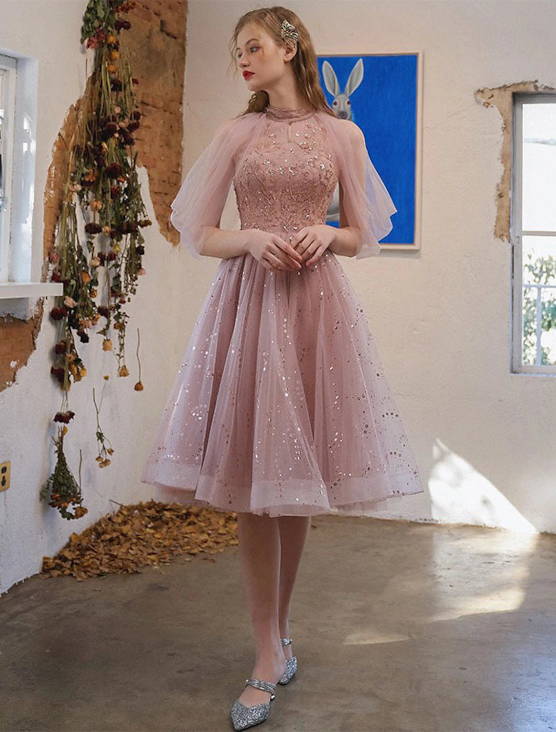 A-Line Cocktail Dresses Party Dress Wedding Guest Graduation Knee Length 3/4 Length Sleeve Jewel Neck Tulle with Sequin Appliques