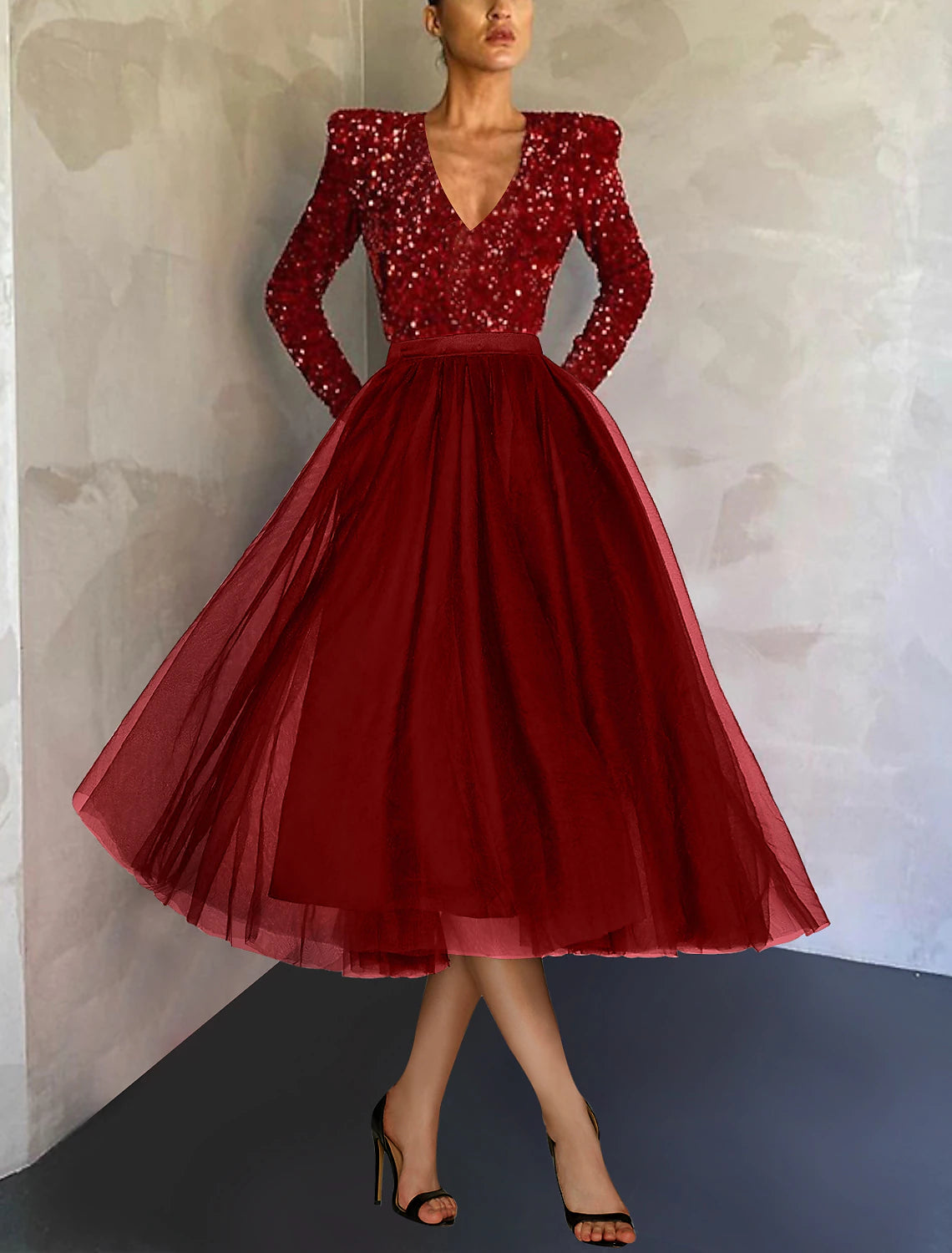 Ball Gown A-Line Cocktail Dress Christmas Red Green Dresses Vintage Dress Evening Party Cocktail Party Tea Length Long Sleeve Jewel Neck Fall Wedding Guest Tulle with Sequin