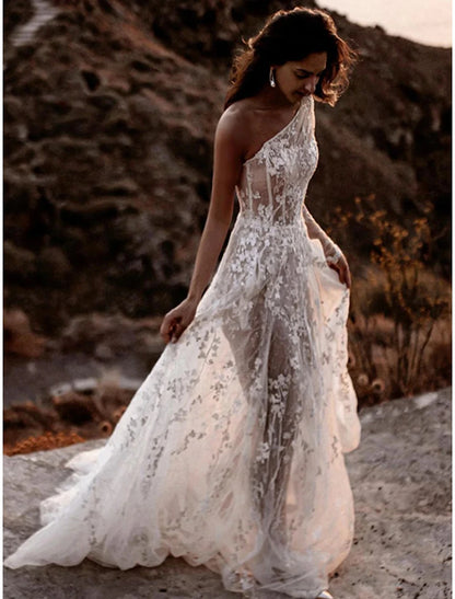 Beach Sexy Boho Wedding Dresses A-Line One Shoulder Long Sleeve Sweep / Brush Train Lace Bridal Gowns With Split Front