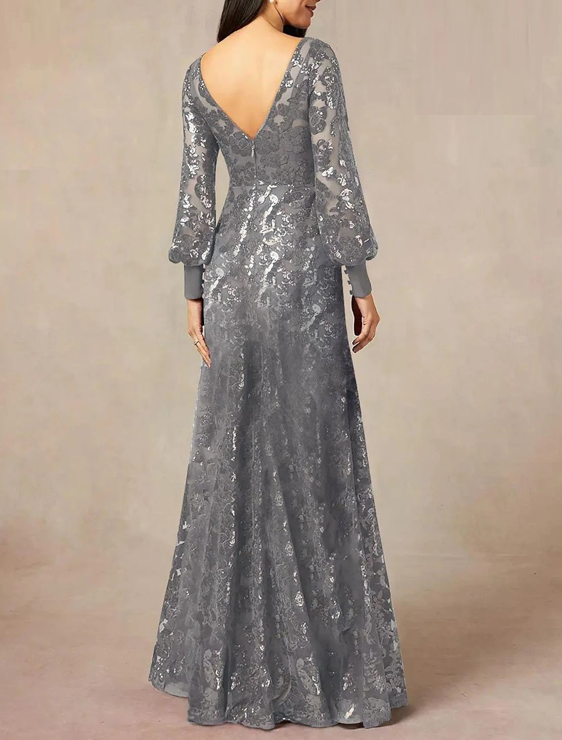 A-Line Sleek Glitter Sparking Sequin Jewel Neck Floor Length Wedding Guest Dress  Chiffon Sequined Long Sleeve Mother of the Bride Dress