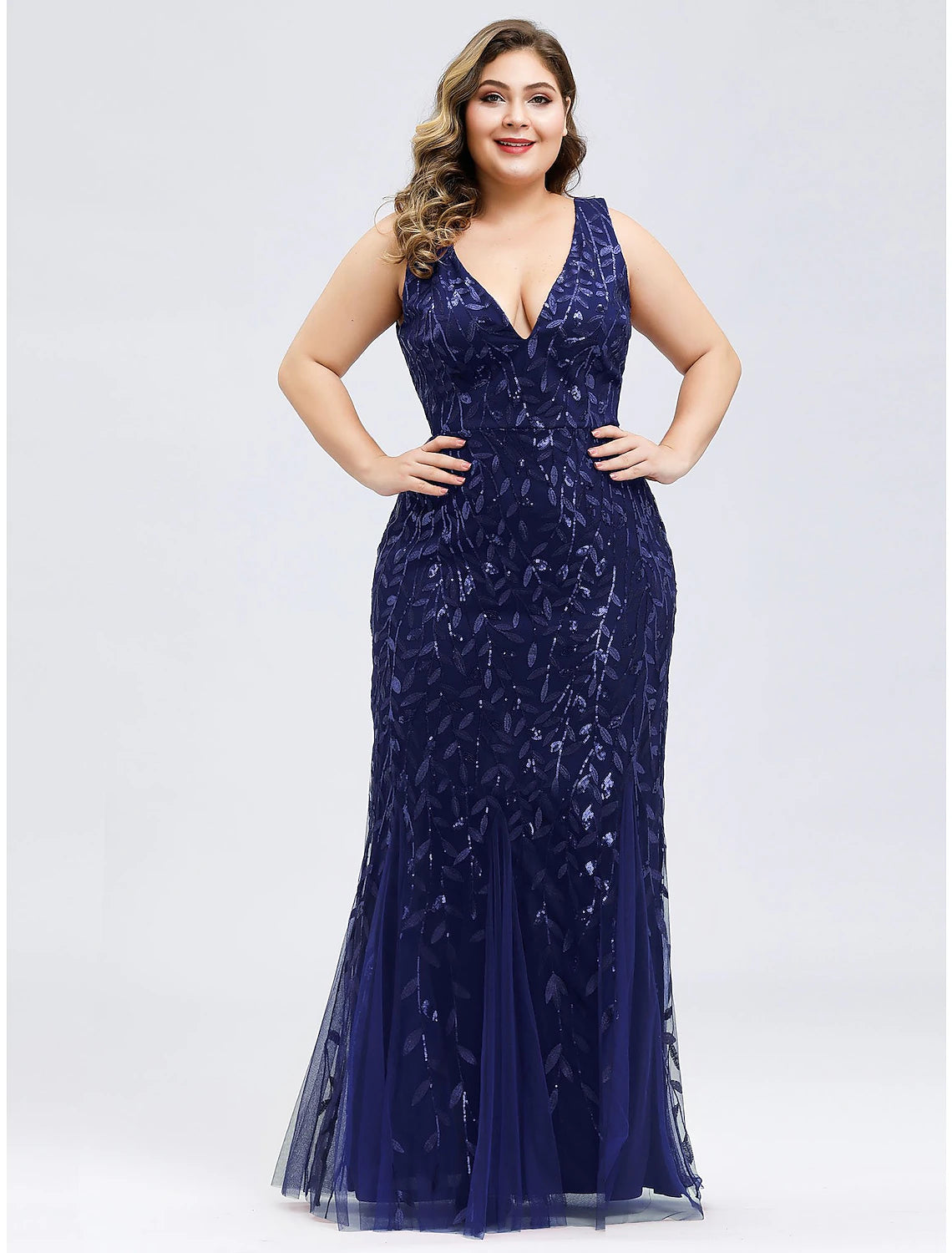 Mermaid / Trumpet Plus Size Sexy Prom Formal Evening Dress V Neck Sleeveless Floor Length Tulle with Appliques