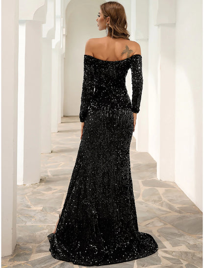 Black Formal A-Line Evening Gown Sparkle & Shine Dress Fall Sweep / Brush Train Long Sleeve Off Shoulder Velvet with Sequin Slit