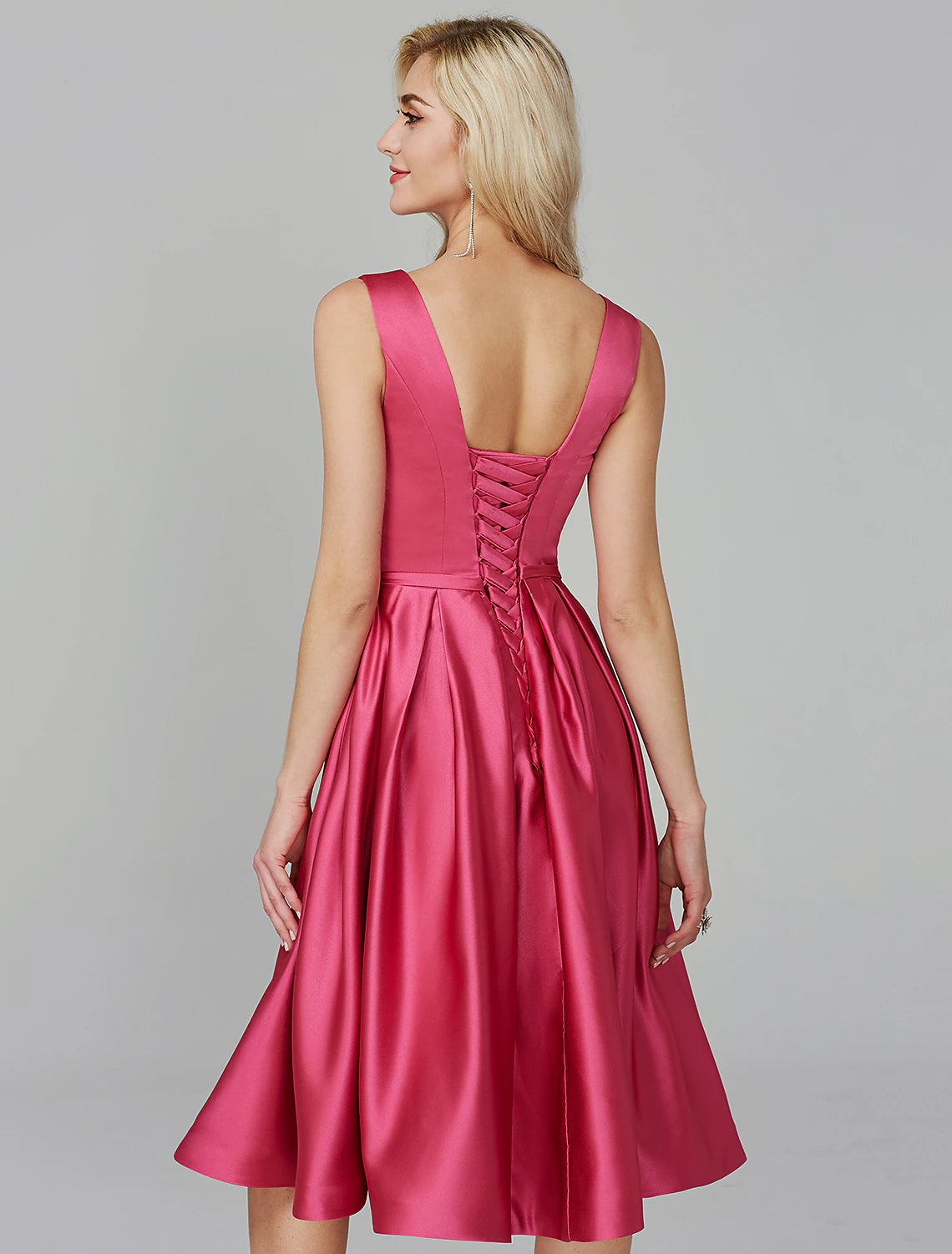 A-Line Elegant Dress Wedding Guest Cocktail Party Knee Length Sleeveless V Wire Pink Dress Satin with Sash / Ribbon