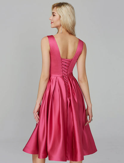 A-Line Elegant Dress Valentine's Day Wedding Guest Knee Length Sleeveless V Wire Pink Dress Satin with Sash / Ribbon