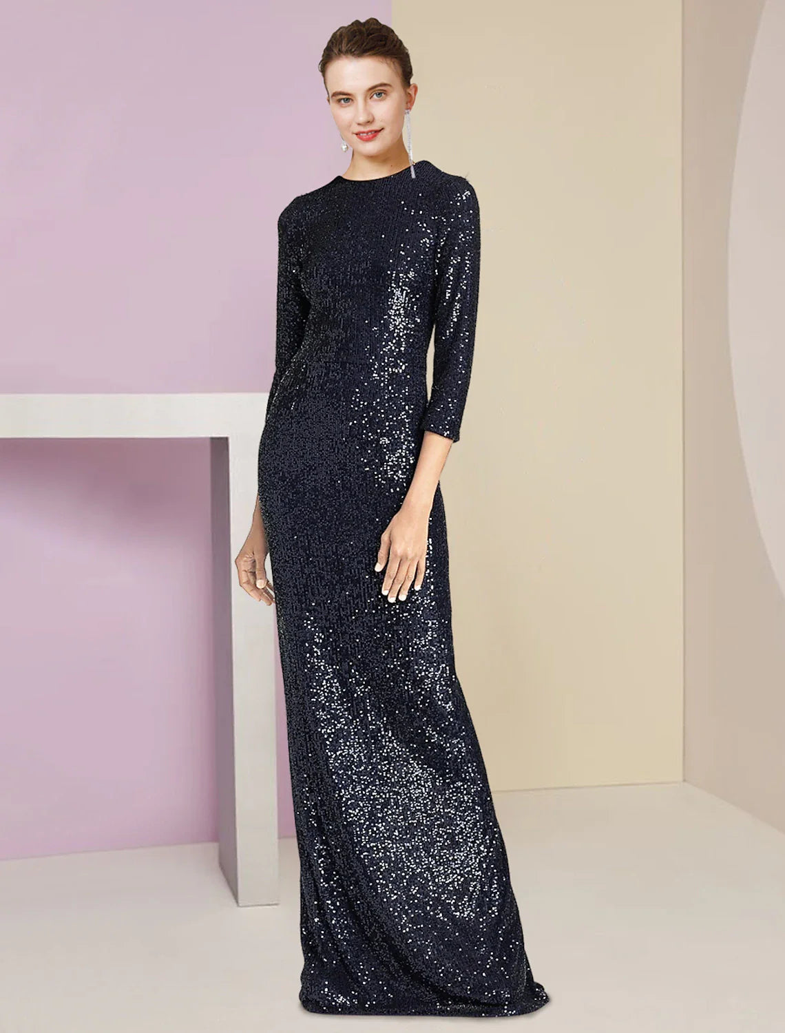 Two Piece Sheath / Column Mother of the Bride Dress Formal Wedding Guest Sparkle & Shine Elegant Scoop Neck Floor Length Detachable Taffeta Sequined 3/4 Length Sleeve with Bow
