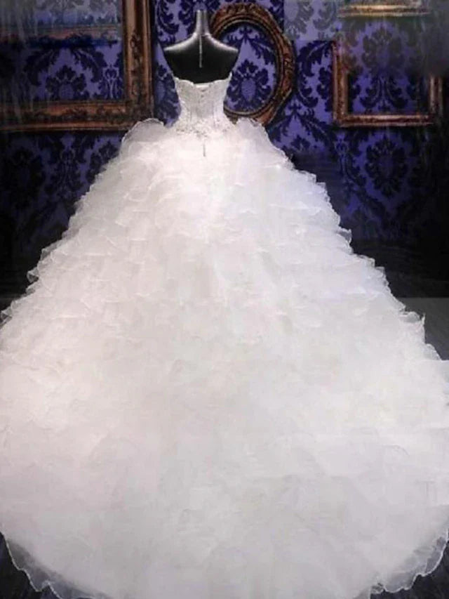 Beach Formal Wedding Dresses Chapel Train Ball Gown Strapless Sweetheart Organza With Beading Ruffles