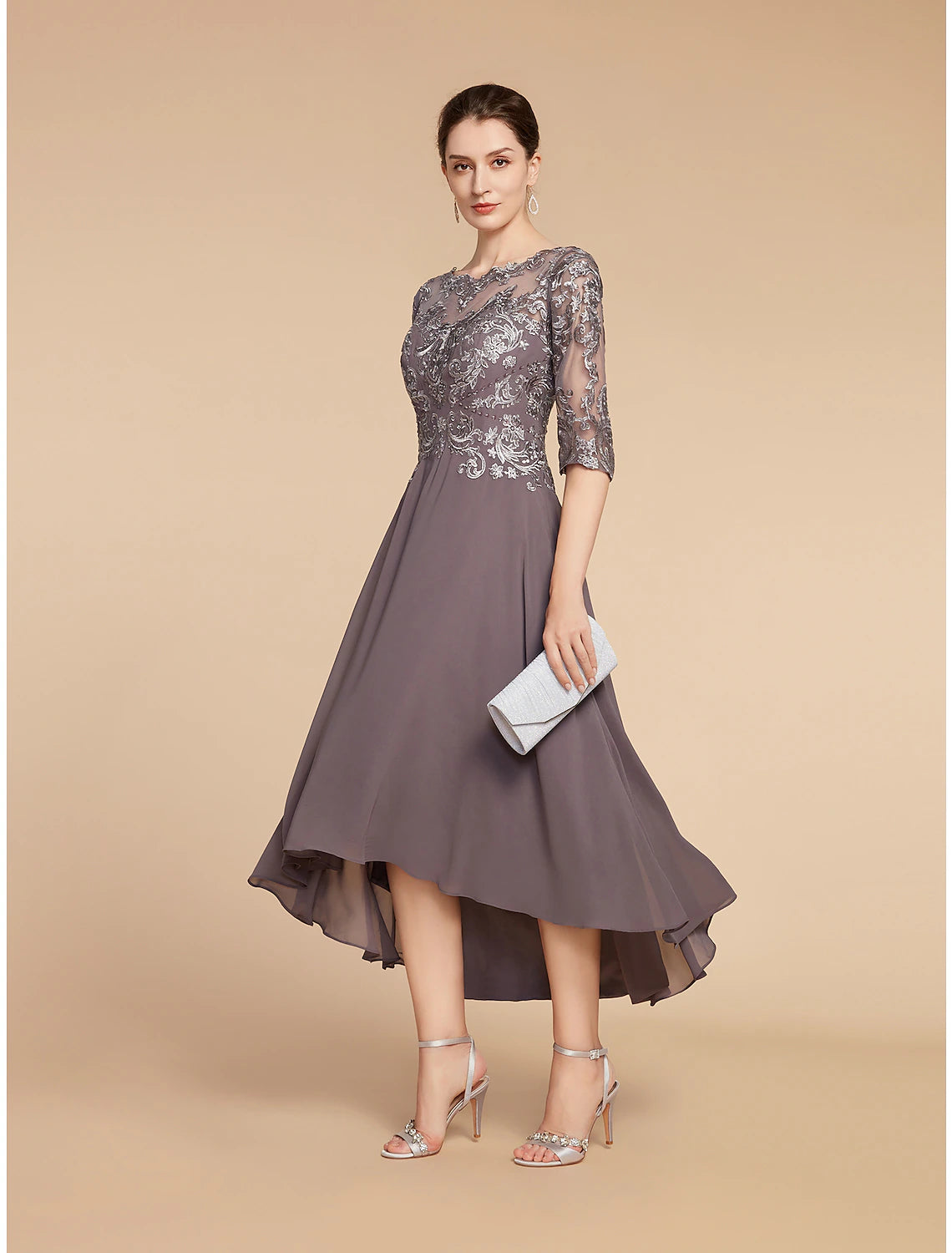 A-Line Mother of the Bride Dress Formal Wedding Guest Elegant High Low Scoop Neck Asymmetrical Tea Length Chiffon Lace Half Sleeve with Pleats Appliques