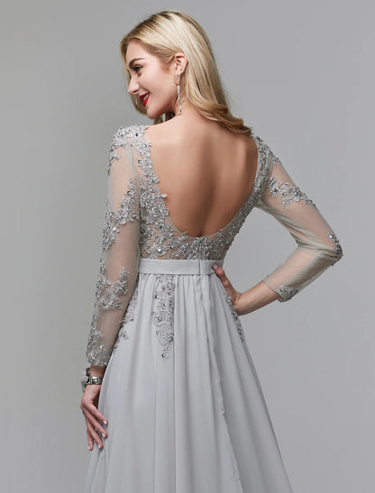 A-Line Luxurious Engagement Formal Evening Dress Illusion Neck V Back Low Back Long Sleeve Chapel Train Chiffon with Sequin Appliques